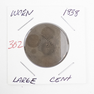 lot 302 image: 1838 Large Cent Coin - Worn Condition