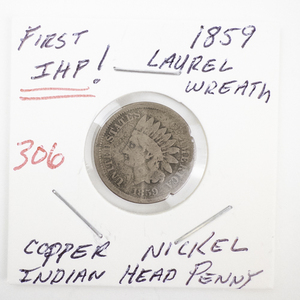 lot 306 image: 1859 First Indian Head Penny Laurel Wreath Copper Nickel