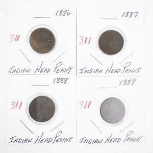 lot 311 image: 1886-1889 Indian Head Penny Set of 4 US Coins