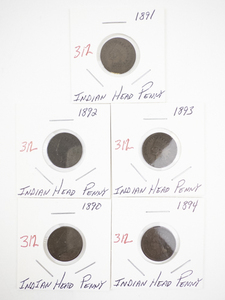 lot 312 image: Set of 5 Indian Head Pennies 1890-1894
