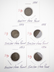 lot 313 image: Set of 5 Indian Head Pennies 1895-1899