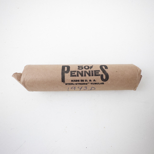 lot 332 image: Roll of 1943 Lincoln Wheat STEEL Pennies in Paper Roll