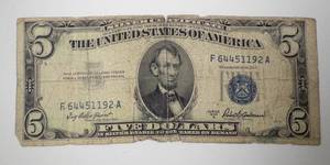 lot 388 image: 1953 A $5 Silver Certificate US Currency Note