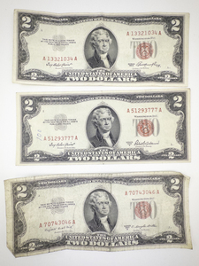lot 390 image: 3 Red Seal $2 Bills Series 1953, 1953A, 1953B
