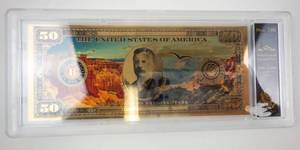 lot 402 image: BRADFORD EXCHANGE - Grand Canyon National Park 24K Gold Foil $50 Commemorative Note in Display Case