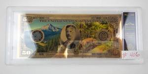 lot 406 image: BRADFORD EXCHANGE - 24K Gold-Plated Mount Hood Memorial $50 Commemorative Note in Display Case