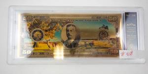 lot 408 image: BRADFORD EXCHANGE - Gettysburg National Military Park 24K Gold-Plated $50 Commemorative Note in Display Case