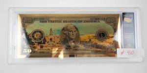 lot 410 image: BRADFORD EXCHANGE -&nbsp24K Gold Plated Delaware State $50&nbspCommemorative Note in Display Case