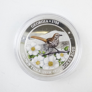 lot 420 image: Georgia State Bird Brown Thrasher Cherokee Rose 1 Troy Ounce .999 Fine Silver Round