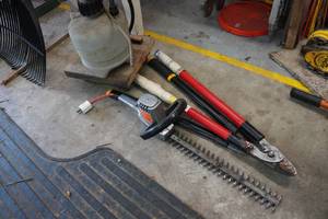 lot 46 image: Loppers, Hedge Trimmer, and Sprayer with Small 4 Wheel Cart