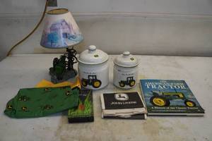 lot 106 image: John Deere Items - Pillow Case, Canisters, Table Lamp