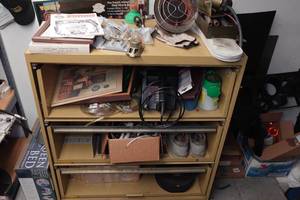 lot 309 image: Metal Shelf with Contents - Sunflower Heater, Belt Sander, Sprinkler Parts