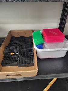 lot 21L image: Collection of Laboratory Sample Storage Racks and Assorted Plastic Cryogenic Boxes