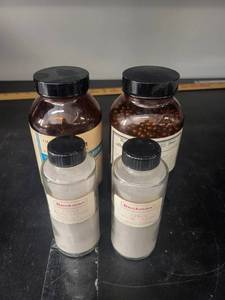 lot 82L image: Vintage Laboratory Chemicals Beckman Alumina, Tin Mossy, and Nickel Shot Bottles