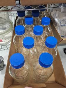 lot 109L image: Set of 10 Pyrex 1000mL Glass Bottles with Blue Caps