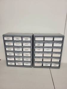 lot 149L image: Set of 2 Gray Plastic Drawer Storage Cabinets with HMIS Label Rolls