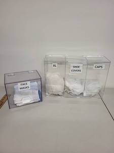 lot 150L image: Acrylic Dispenser Set with Face Masks, Shoe Covers, and Caps