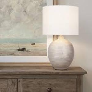 lot 56 image: Hampton Bay Finch 22 in. Distressed White Ribbed Table Lamp with White Linen Shade   Customer Returns See Pictures