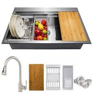 lot 62 image: AKDY Handmade All-in-One Drop-in Stainless Steel 33 in. x 22 in. Single Bowl Workstation Kitchen Sink with Pull-down Faucet Customer Returns See Pictures