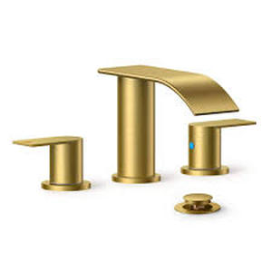 lot 64 image: androme 8 in. Widespread Double Handle Bathroom Faucet with Metal Drain in Gold  Customer Returns See Pictures