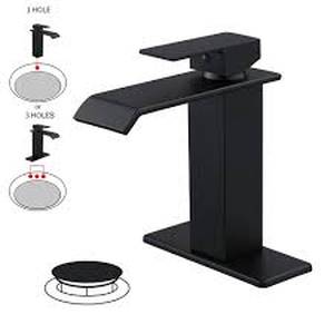 lot 65 image: BWE Waterfall Single Hole Single-Handle Low-Arc Bathroom Faucet With Pop-up Drain Assembly in Matte Black  Customer Returns See Pictures