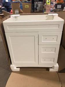 lot 9 image: Home Decorators Collection Thornbriar 30 in. W x 22 in. D x 34 in. H Right Side Drawers Vanity Cabinet without Top in Polar White  Customer Returns See Pictures