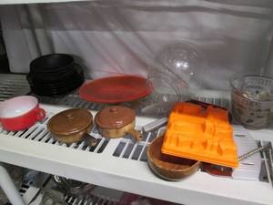 lot 385 image: Vintage clay pans, wood bowls and o...