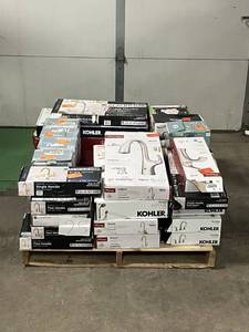 lot 25 image: Massive Pallet of Brand Name Misc Faucets, Showers, Fixtures, Towel Bars, Bathroom Fans, Ceiling Fans, Lights, and More (Great for eBay Sellers)
