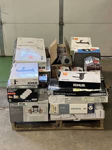 lot 27 image: Massive Pallet of Brand Name Misc Faucets, Showers, Fixtures, Towel Bars, Bathroom Fans, Ceiling Fans, Lights, and More (Great for eBay Sellers)
