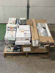 lot 29 image: Massive Pallet of Brand Name Misc Faucets, Showers, Fixtures, Towel Bars, Bathroom Fans, Ceiling Fans, Lights, and More (Great for eBay Sellers)