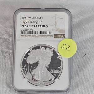 lot 52 image: 2021W Ultra Cameo Silver Eagle NGCPF69-Ultra Cameo Eagle Landing T-2
