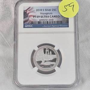 lot 59 image: 2018 S Silver 25c NGC PF69 Ultra Cameo Voyagers