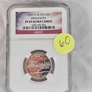 lot 60 image: 2005 S Silver 25c NGC PF69 Ultra Cameo Minnesota