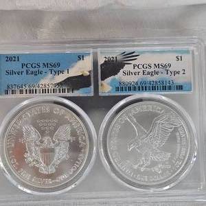 lot 4 image: 2021 Silver Eagle PCGS MS69, Type 1-2021 Silver Eagle PCGS MS69 Type 2