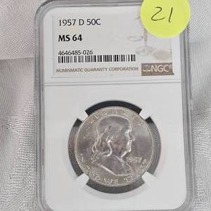 lot 21 image: 1957 D Franklin NGC MS64 50c