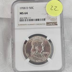 lot 22 image: 1958 D Franklin NGC MS64 50c