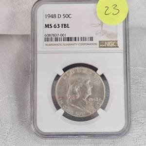 lot 23 image: 1948 D Franklin NGC MS63 FBL 50c
