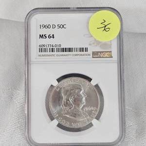 lot 36 image: 1960 D Franklin NGC MS64 50c