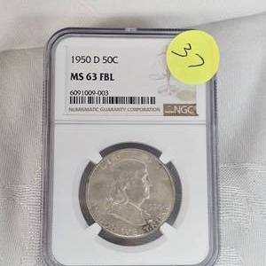 lot 37 image: 1950 D Franklin NGC MS63 FBL 50c