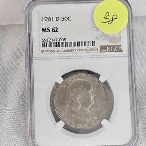 lot 38 image: 1961 D Franklin NGC MS62 50c