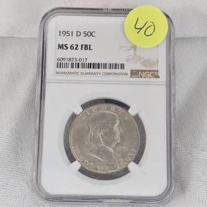 lot 40 image: 1951 D Franklin NGC MS62 FBL 50c