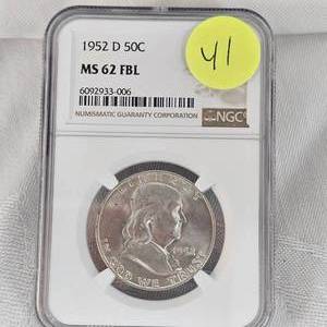 lot 41 image: 1952 D Franklin NGC MS62 FBL 50c