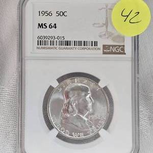 lot 42 image: 1956 D Franklin NGC MS64 50c