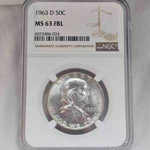 lot 50 image: 1963 D Franklin NGC MS63, FBL 50c