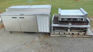 lot 58 image: Delfield Stainless Steel Cold Service Station 6ft doesnt chill, Large Gas Grill and Hotdog Roller. All Need a Little Love.
