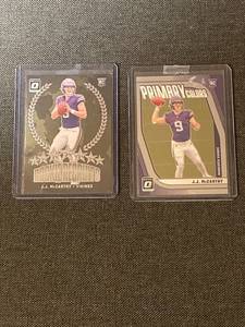 lot 44 image: Set of 2 J.J. McCarthy Rookie Football Cards 2024 Optic Donruss Vikings