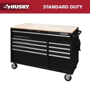 lot 116 image: Husky 52-Inch 9-Drawer Mobile Workbench with Wood Top and Power Strip