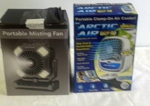 lot 117 image: Portable Misting Fan and Arctic Air Grip Go Clamp-On Air Cooler Set