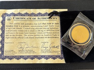 lot 82 image: 200 mg (15 Gram) .9999 Fine Gold $5 Dollar Cook Islands St. Gaudens Tribute Coin