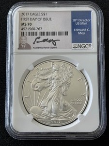 lot 1 image: 2017 Silver Eagle First Day of Issue NGC MS70